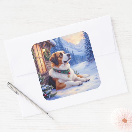 Saint Bernard Snowy Mountain Lodge Christmas Dog Quadratischer Aufkleber (Umschlag)