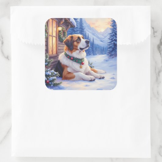 Saint Bernard Snowy Mountain Lodge Christmas Dog Quadratischer Aufkleber (Tasche)
