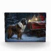 Saint Bernard Snowy Sleigh Weihnachtsdekor Fotoblock (Vorderseite)