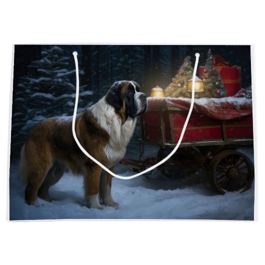 Saint Bernard Snowy Sleigh Weihnachtsdekor Große Geschenktüte (Vorderseite)