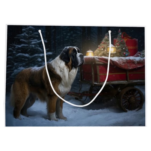 Saint Bernard Snowy Sleigh Weihnachtsdekor Große Geschenktüte (Rückseite)