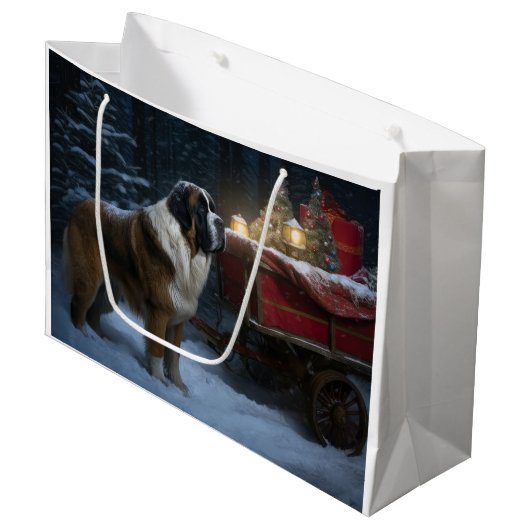 Saint Bernard Snowy Sleigh Weihnachtsdekor Große Geschenktüte (Vorderseite Schrägansicht)