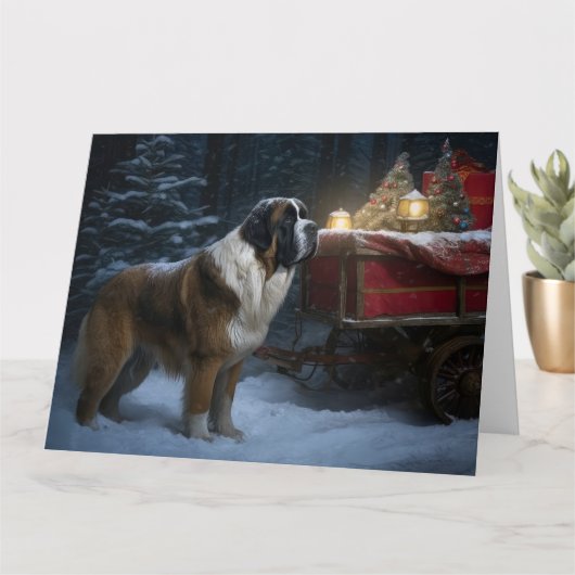 Saint Bernard Snowy Sleigh Weihnachtsdekor Karte (Kleine Pflanze)
