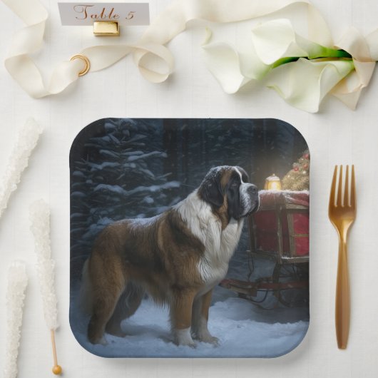 Saint Bernard Snowy Sleigh Weihnachtsdekor Pappteller (Hochzeit)