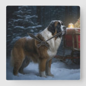 Saint Bernard Snowy Sleigh Weihnachtsdekor Quadratische Wanduhr (Vorderseite)