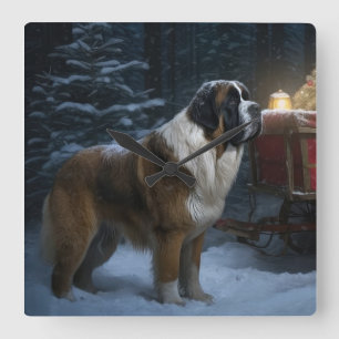 Saint Bernard Snowy Sleigh Weihnachtsdekor Quadratische Wanduhr