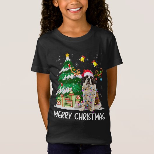 Saint Bernard Weihnachtsbeleuchtung Tree Santa Xma T-Shirt (Vorderseite)
