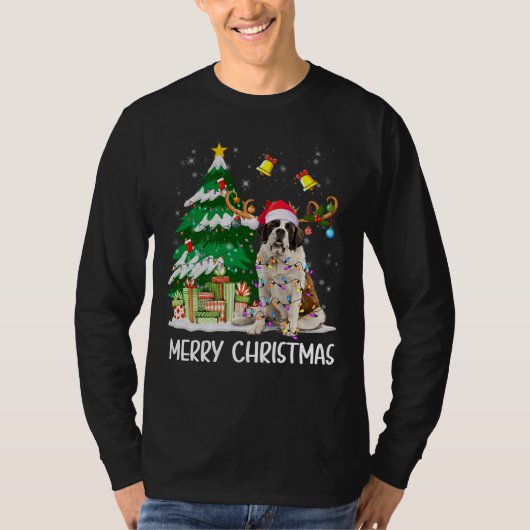 Saint Bernard Weihnachtsbeleuchtung Tree Santa Xma T-Shirt (Vorderseite)