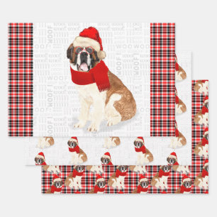 Saint Bernard Weihnachtshund Roter Karierter Feier Geschenkpapier Set