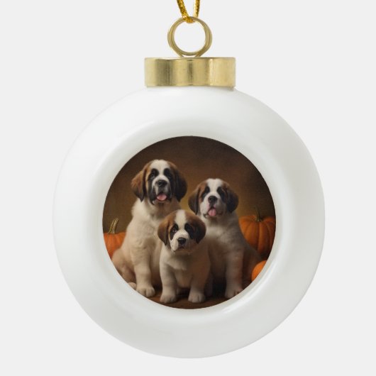 Saint Bernard Welppy Herbst Kürbis Keramik Kugel-Ornament (Vorderseite)