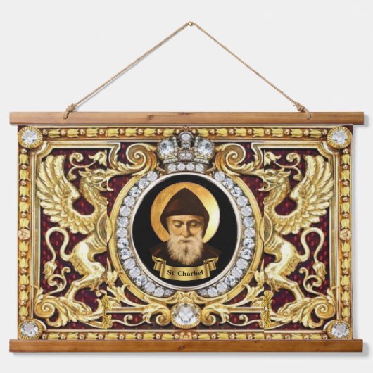 Saint Charbel Wood Topped Tapestry Wandteppich Mit Holzrahmen (Vorne)