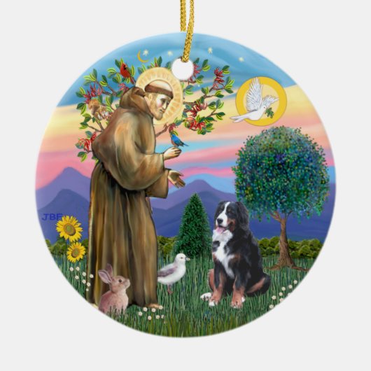 Saint Francis - Bernese Mountain Dog Keramik Ornament (Vorne)