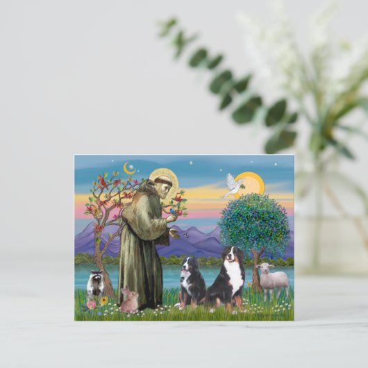 Saint Francis - Zwei Berner Hunde Postkarte (Stehend Vorderseite)