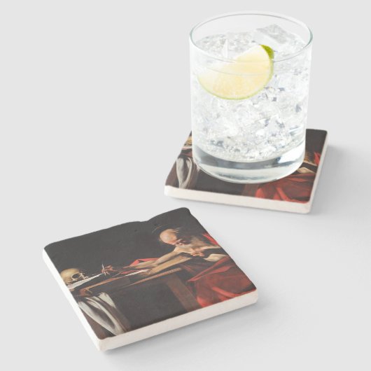 Saint Jerome Writing (von Caravaggio) Steinuntersetzer (Seitenansicht)