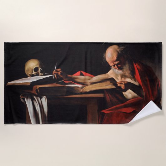 Saint Jerome Writing (von Caravaggio) Strandtuch (Vorderseite)