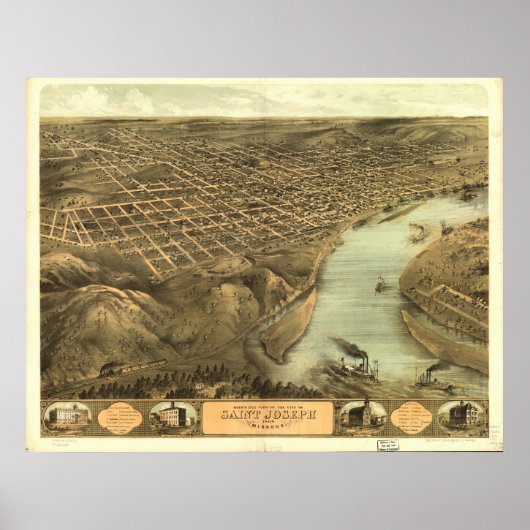 Saint Joseph Missouri 1868 Antike Panoramakarte Poster (Vorne)
