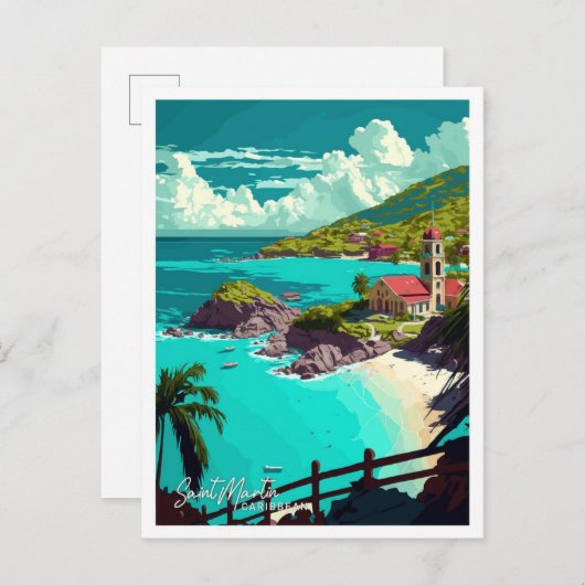 Saint Martin Caribbean Travel Vintag Illustration Postkarte (Vorne/Hinten)