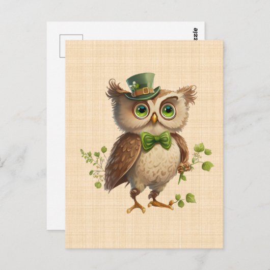 Saint Patrick - Eule mit grünem Hut Postkarte (Vorne/Hinten)