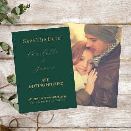 Saisonale Couple Foto Gold Hochzeitsschrift Grün Save The Date