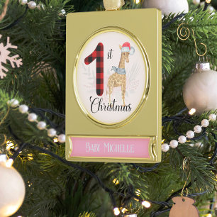 Saisonale Giraffe Baby 1. Weihnachtsname Keepake Banner-Ornament Gold