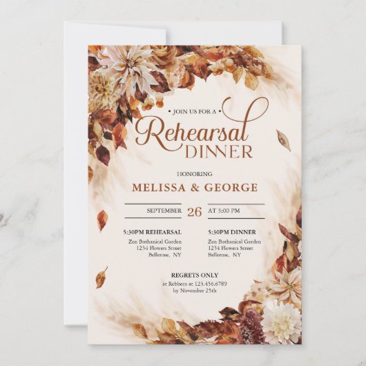 Saisonale Herbst- und Herbstkupfer-Blume und -Blät Einladung (Vorderseite)