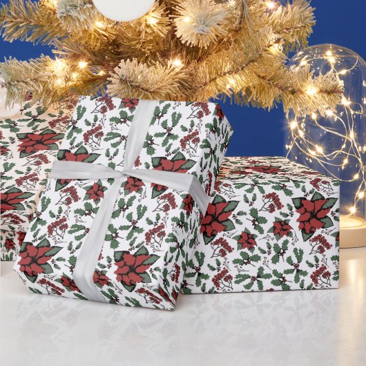 Saisonale Red Poinsettias und Berries White Geschenkpapier (Feiertage)