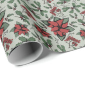 Saisonale Rote Poinsettien und Berries Green Geschenkpapier (Rolleneckpunkt)