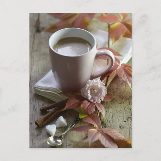 Saisonale rustikale Herbstkakao & Blätter noch Leb Postkarte (Vorderseite)