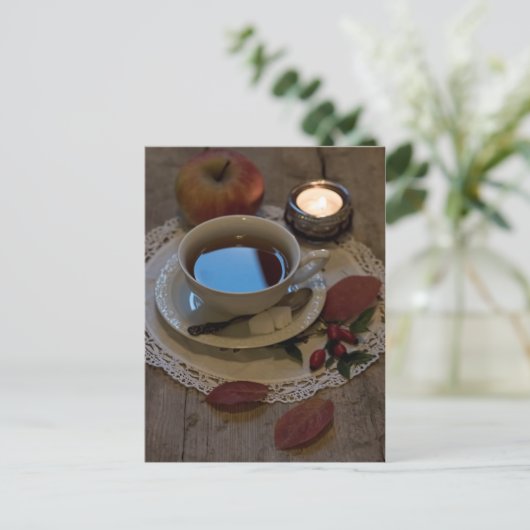 Saisonale rustikale Teezeit Blätter noch Leben Postkarte (Stehend Vorderseite)