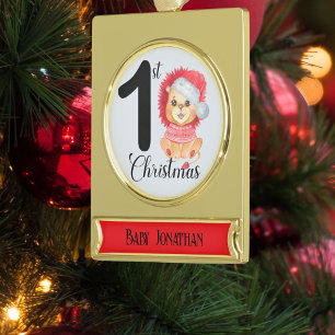 Saisonaler Bär Baby Junge 1. Weihnachten Name Banner-Ornament Gold