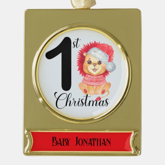 Saisonaler Bärenjungen 1. Weihnachtsname Banner-Ornament Gold (Vorderseite)