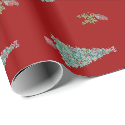 Saisondekorierte Bäume und Rotwein für Weihnachten Geschenkpapier (Rolleneckpunkt)