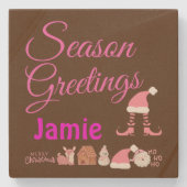 Saisongrüße - Rosa auf der Brown Name Monogram | Steinuntersetzer (Vorderseite)