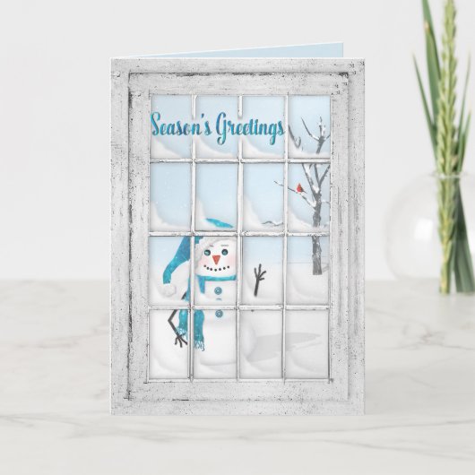 SAISON'S GREETINGS - SNOWMAN DURCH FENSTER FEIERTAGSKARTE (Vorderseite)