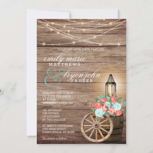 Saitenleuchten, Holzfass und Aquamarin, Korallenfi Einladung (Vorderseite)