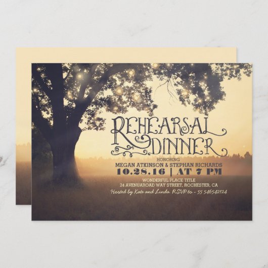 Saitenleuchten rustikales Abendessen Probe einlade Einladung (Vorne/Hinten)