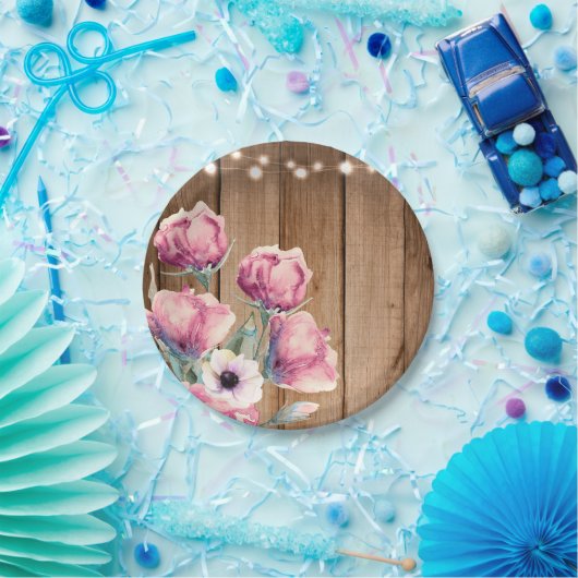 Saitenleuchten und Blume Rustikales Stallholz Pappteller (Party)