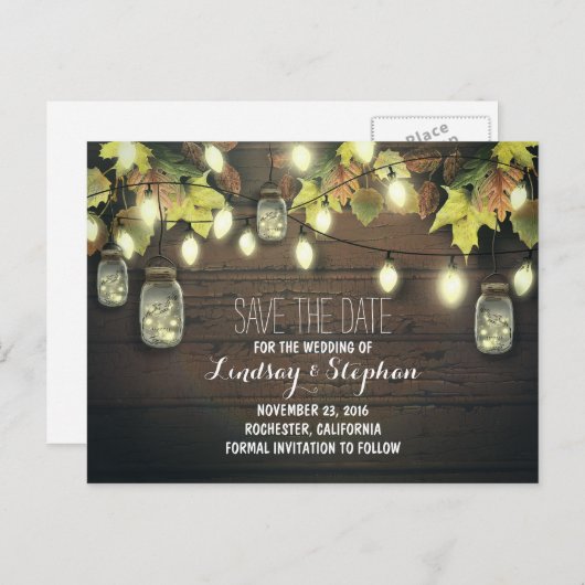 Saitenleuchten und Mason-Gläser Save the Date rust Ankündigungspostkarte (Vorne/Hinten)
