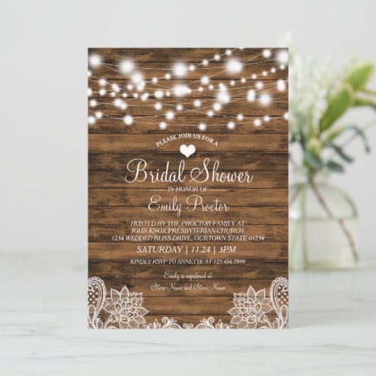 Saitenleuchten Wood & Spitzen Bridal Dusche Einlad Einladung (Stehend Vorderseite)