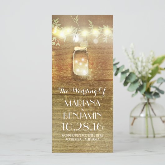 Saitenlichter Masson Glas rustikale Hochzeitsprogr Programm (Stehend Vorderseite)