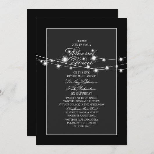 Saitenlichter Modernes Abendessen mit schwarzer Pr Einladung (Vorne/Hinten)
