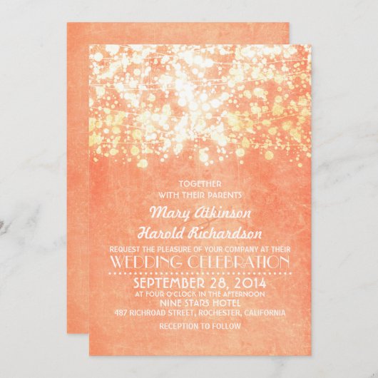 Saitenlichter pfirsich und goldene rustikale Hochz Einladung (Vorne/Hinten)