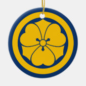 Sakai Mon Japanischer Samurai-Clan gelb auf blau Keramik Ornament (Vorne)