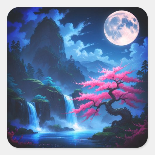 Sakora-Baum -Mondbeschienener Wasserfall mit Kirsc Quadratischer Aufkleber (Vorderseite)