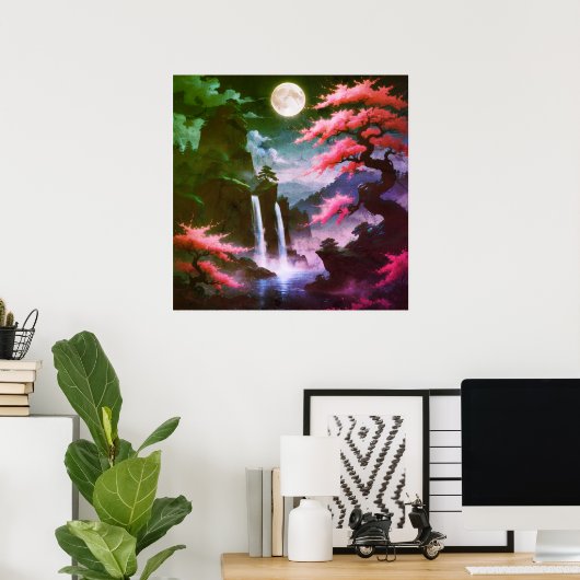 Sakora-Baum-Mondlicht-Wasserfall mit Kirschrosa Poster (Heimbüro)