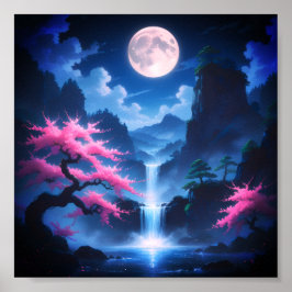 Sakora-Baum-Mondlicht-Wasserfall mit Kirschrosa Poster