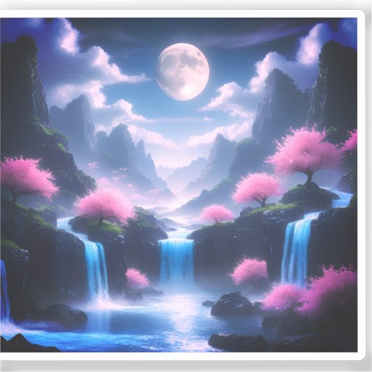 Sakora tree-Moonlit Waterfall with Cherr-pink Aufkleber (Vorderseite)