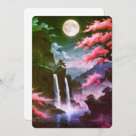 Sakora tree-Moonlit Waterfall with Cherr-pink Einladung (Vorne/Hinten)