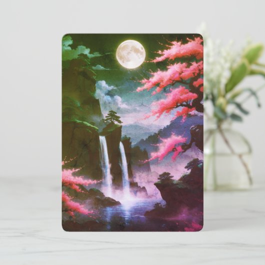 Sakora tree-Moonlit Waterfall with Cherr-pink Einladung (Stehend Vorderseite)