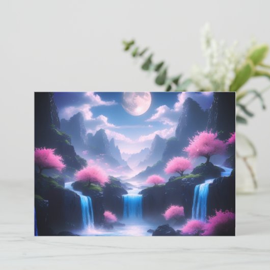 Sakora tree-Moonlit Waterfall with Cherr-pink Einladung (Stehend Vorderseite)